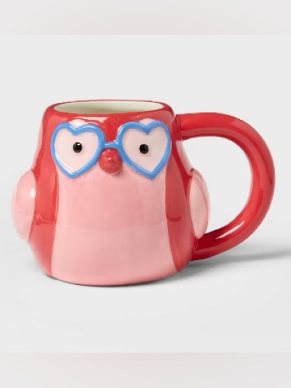 Spritz Pink & Red Owl Ceramic Mug with Blue Heart Glasses 14oz NEW